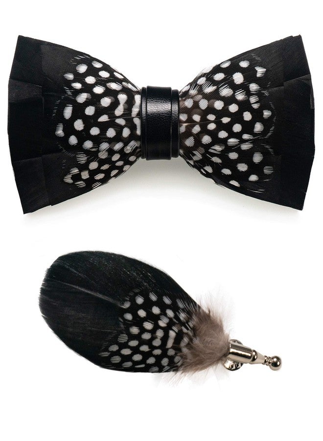 RBOCOTT Mens Handmade Feather Pre-tied Bow tie and Brooch Sets (black/white) - Image 1